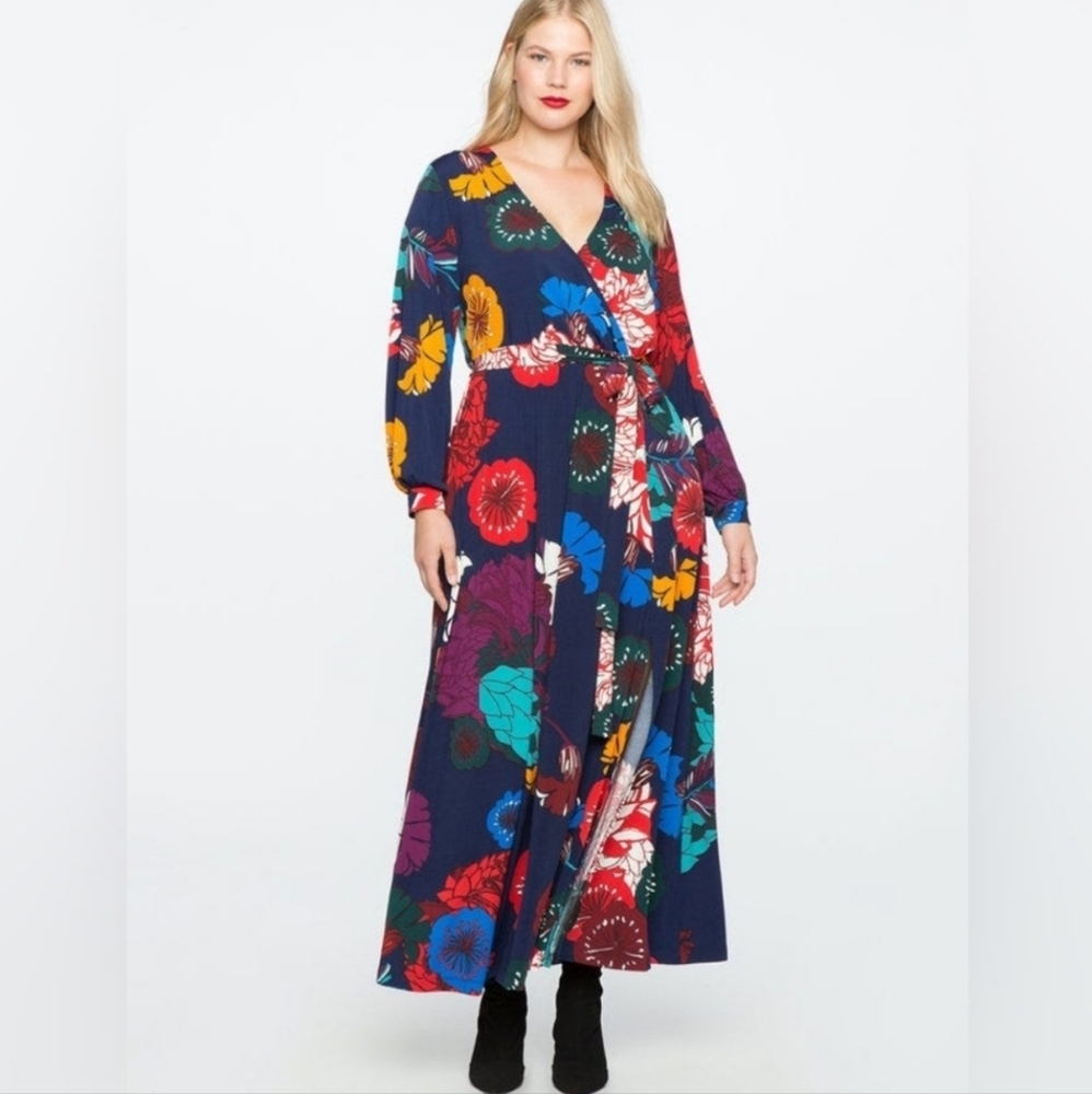ELOQUII - Faux Wrap Havana Floral Maxi Dress With Side Slit - Plus Size 18 - Picture 16 of 16
